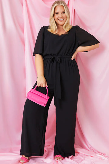 Square Neck Lace Trim Wide Leg Jumpsuit